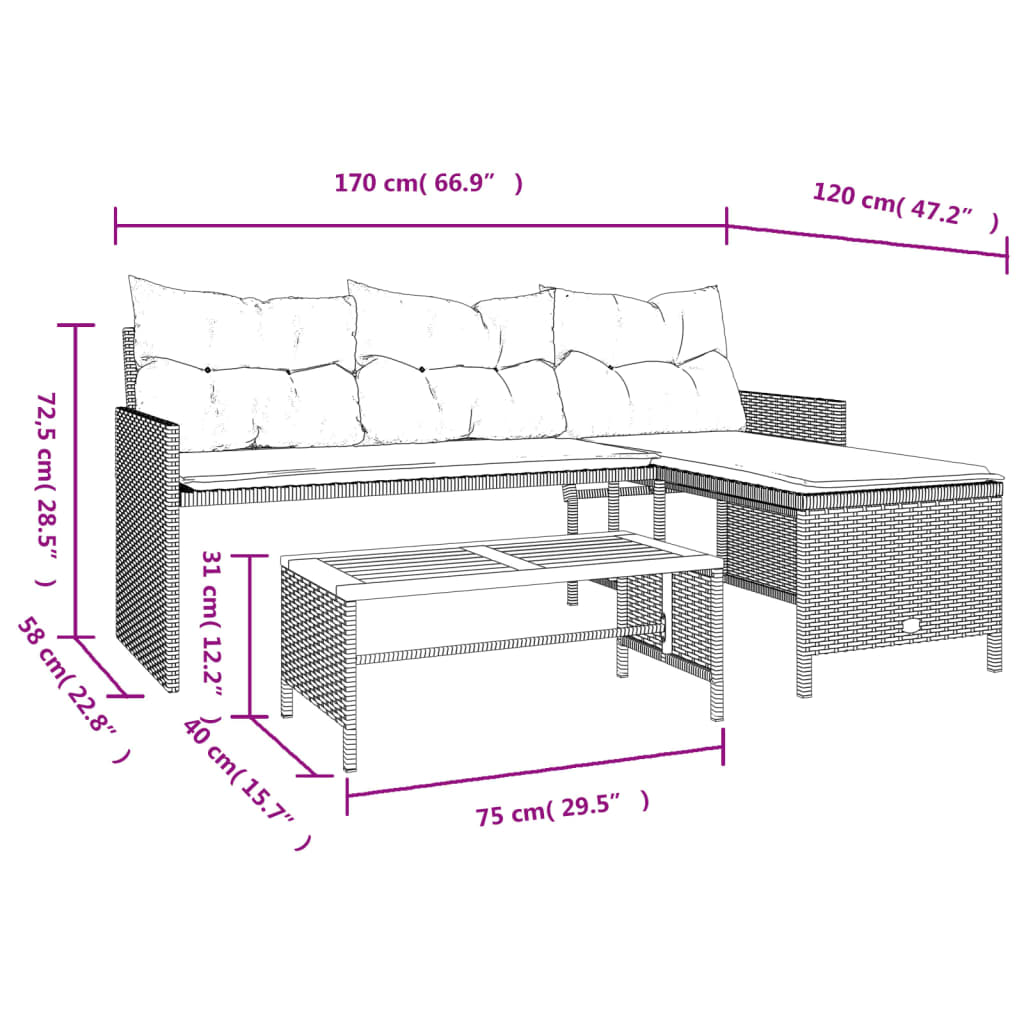 vidaXL Canapé de jardin d'angle avec table et coussins Beige Résine tressée