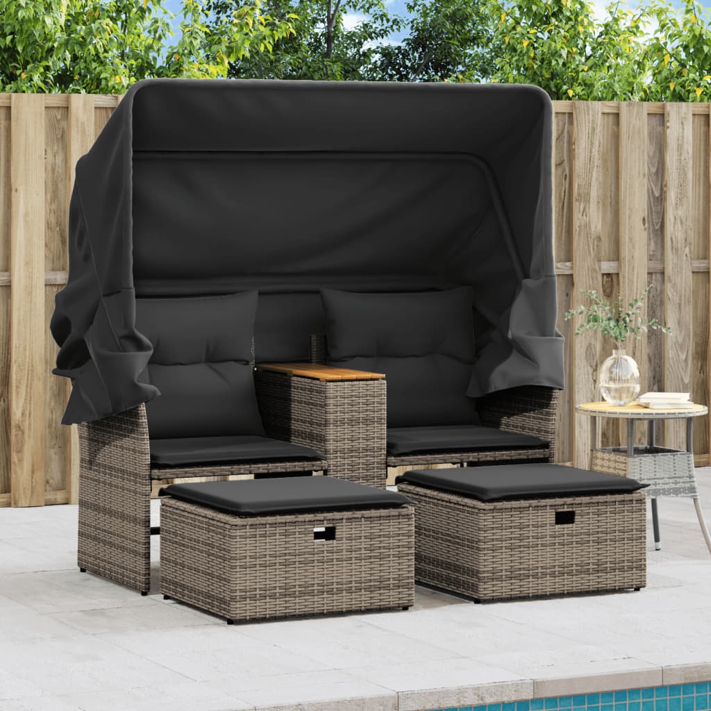 vidaXL Canapé de jardin 2 places avec toit et poufs Gris résine tressée