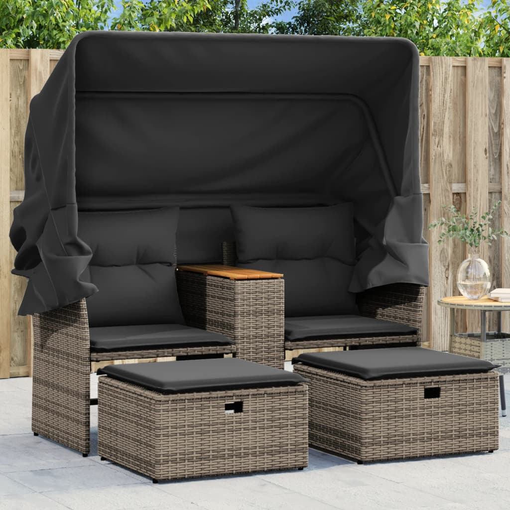 vidaXL Canapé de jardin 2 places avec toit et poufs Gris résine tressée