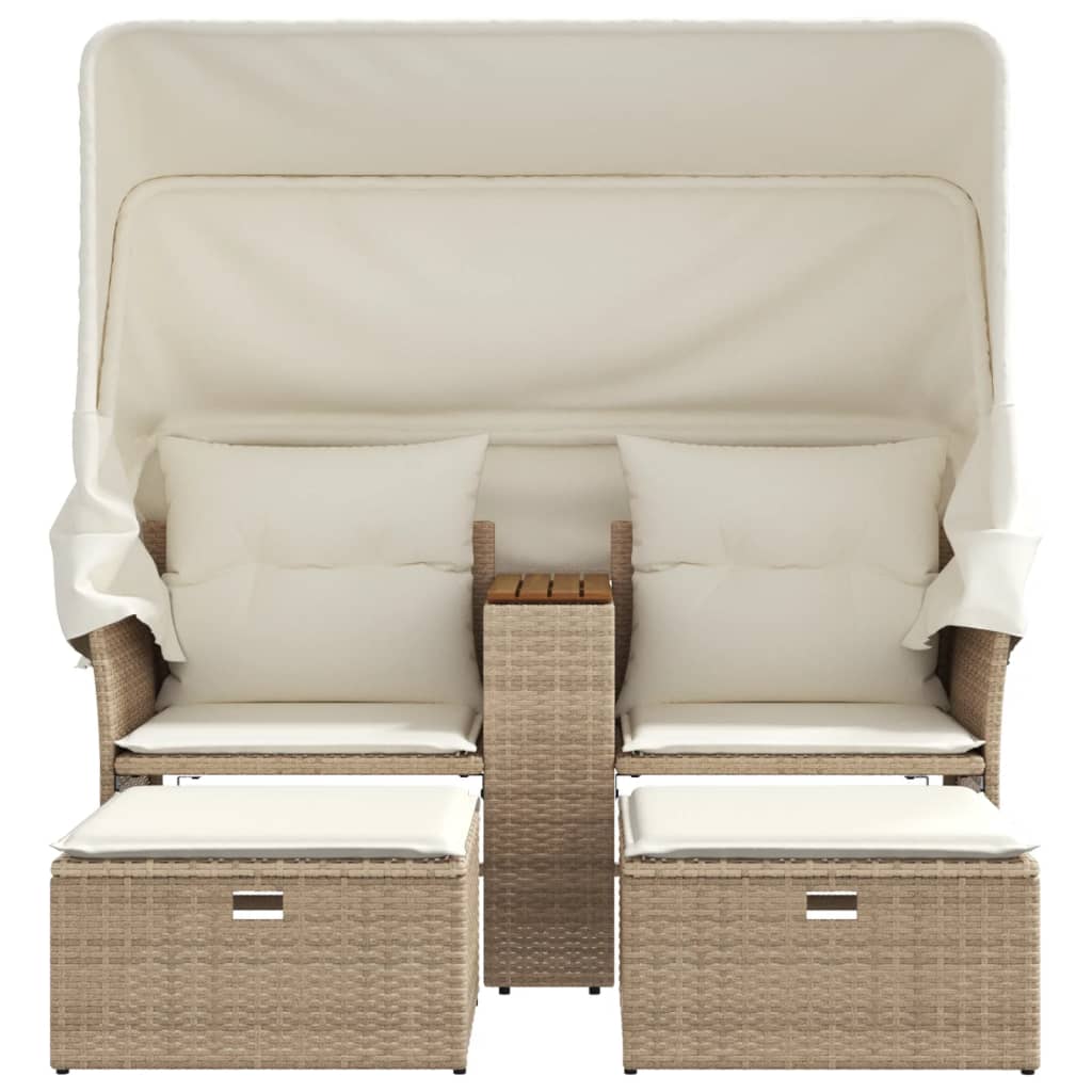 vidaXL Canapé de jardin 2 places avec toit et poufs en résine tressée beige