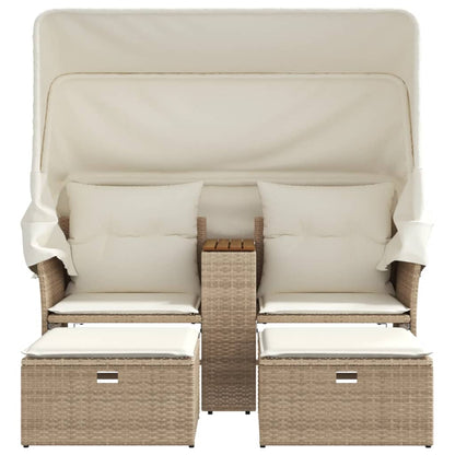 vidaXL Canapé de jardin 2 places avec toit et poufs en résine tressée beige