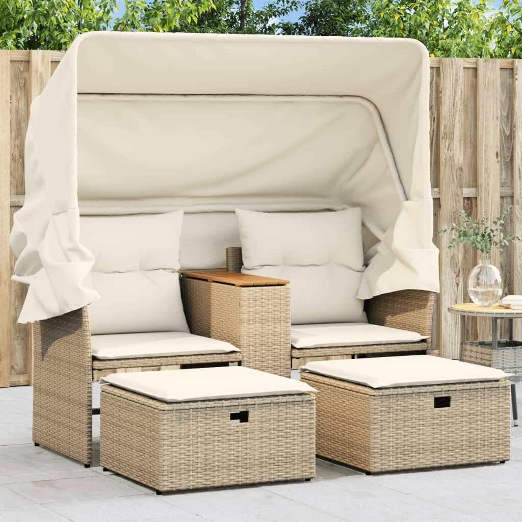 vidaXL Canapé de jardin 2 places avec toit et poufs en résine tressée beige