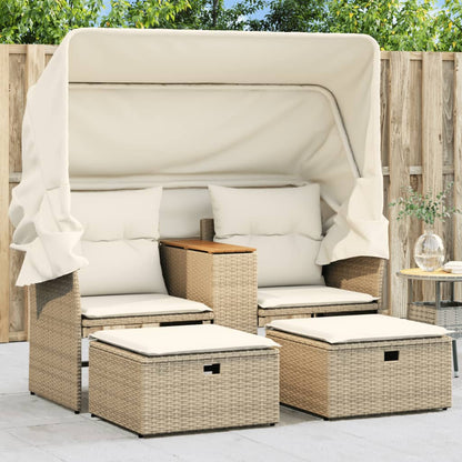 vidaXL Canapé de jardin 2 places avec toit et poufs en résine tressée beige