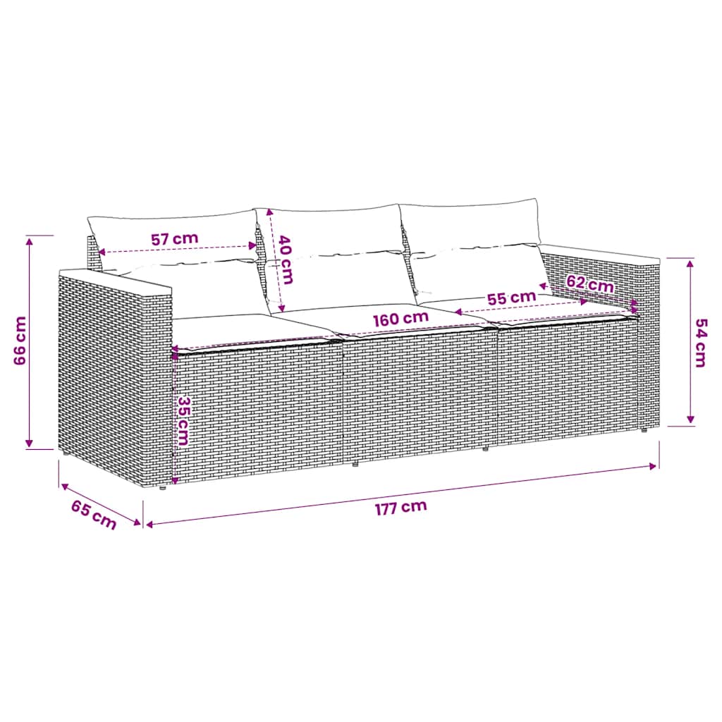 vidaXL Gartensofa mit Kissen 3-Sitzer Schwarz Poly Rattan