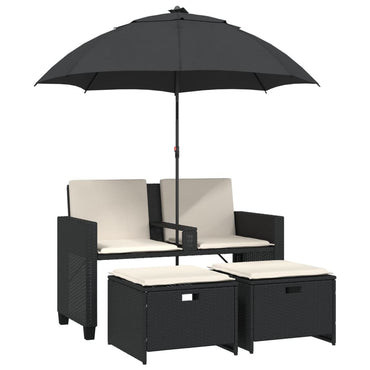 vidaXL Gartensofa 2-Sitzer Sonnenschirm und Hocker Schwarz Poly-Rattan