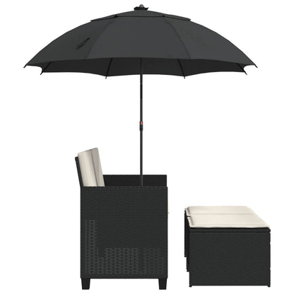 vidaXL Gartensofa 2-Sitzer Sonnenschirm und Hocker Schwarz Poly-Rattan