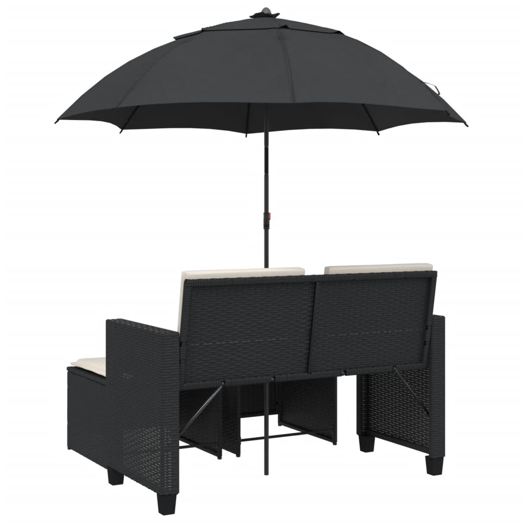 vidaXL Gartensofa 2-Sitzer Sonnenschirm und Hocker Schwarz Poly-Rattan