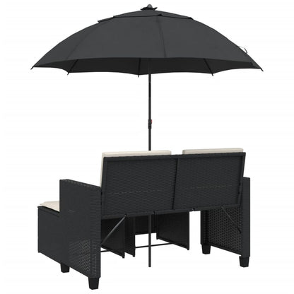 vidaXL Gartensofa 2-Sitzer Sonnenschirm und Hocker Schwarz Poly-Rattan