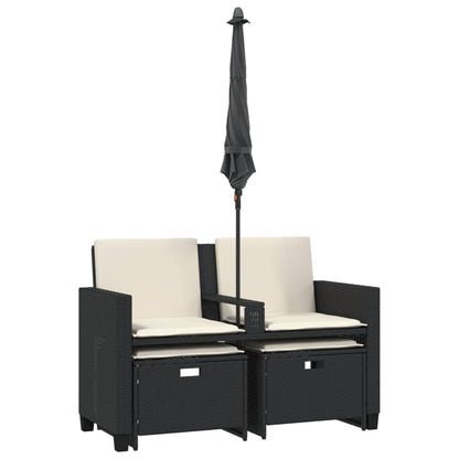 vidaXL Gartensofa 2-Sitzer Sonnenschirm und Hocker Schwarz Poly-Rattan