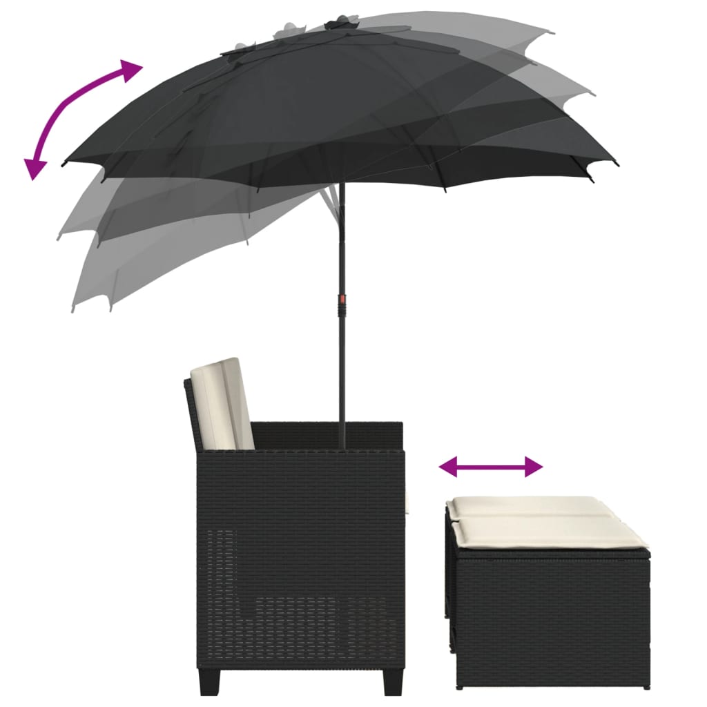 vidaXL Gartensofa 2-Sitzer Sonnenschirm und Hocker Schwarz Poly-Rattan