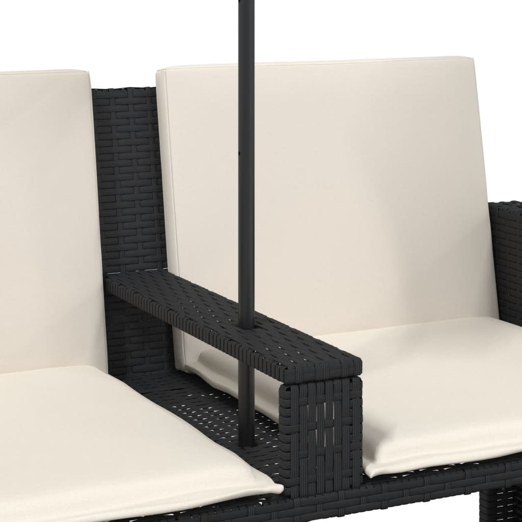 vidaXL Gartensofa 2-Sitzer Sonnenschirm und Hocker Schwarz Poly-Rattan