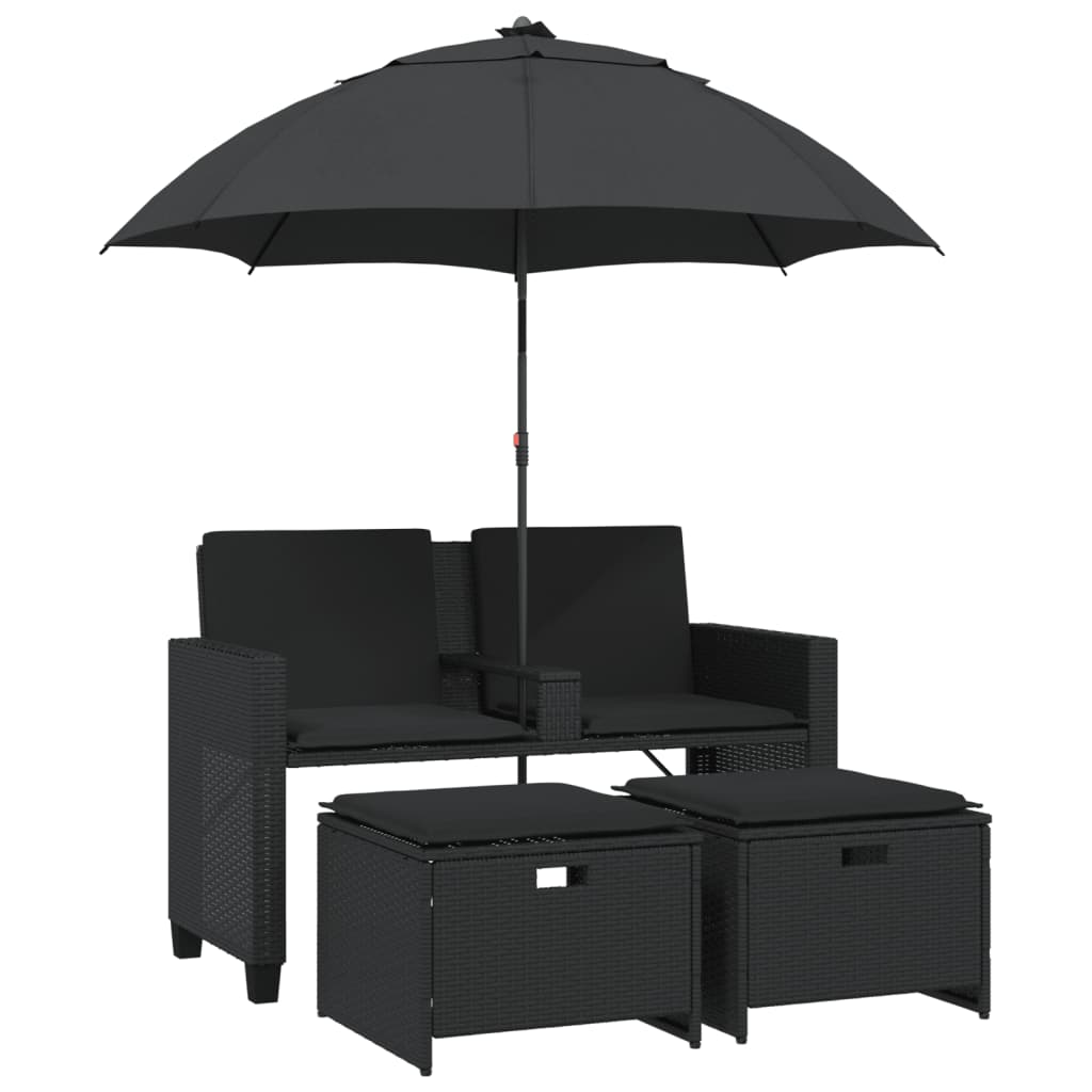 vidaXL Canapé de jardin 2 places, parasol et pouf noir en résine tressée