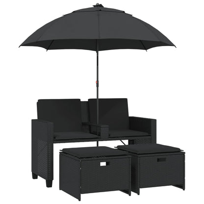 vidaXL Canapé de jardin 2 places, parasol et pouf noir en résine tressée