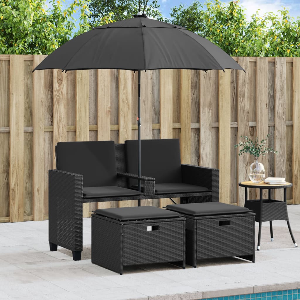 vidaXL Canapé de jardin 2 places, parasol et pouf noir en résine tressée