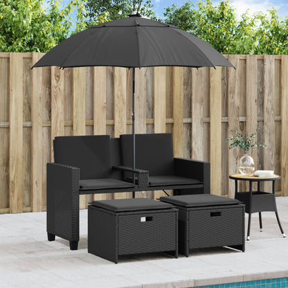 vidaXL Canapé de jardin 2 places, parasol et pouf noir en résine tressée