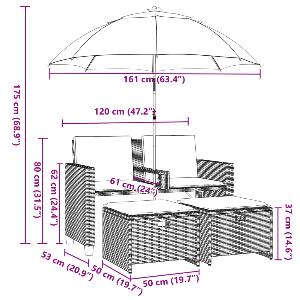 vidaXL Canapé de jardin 2 places, parasol et pouf noir en résine tressée