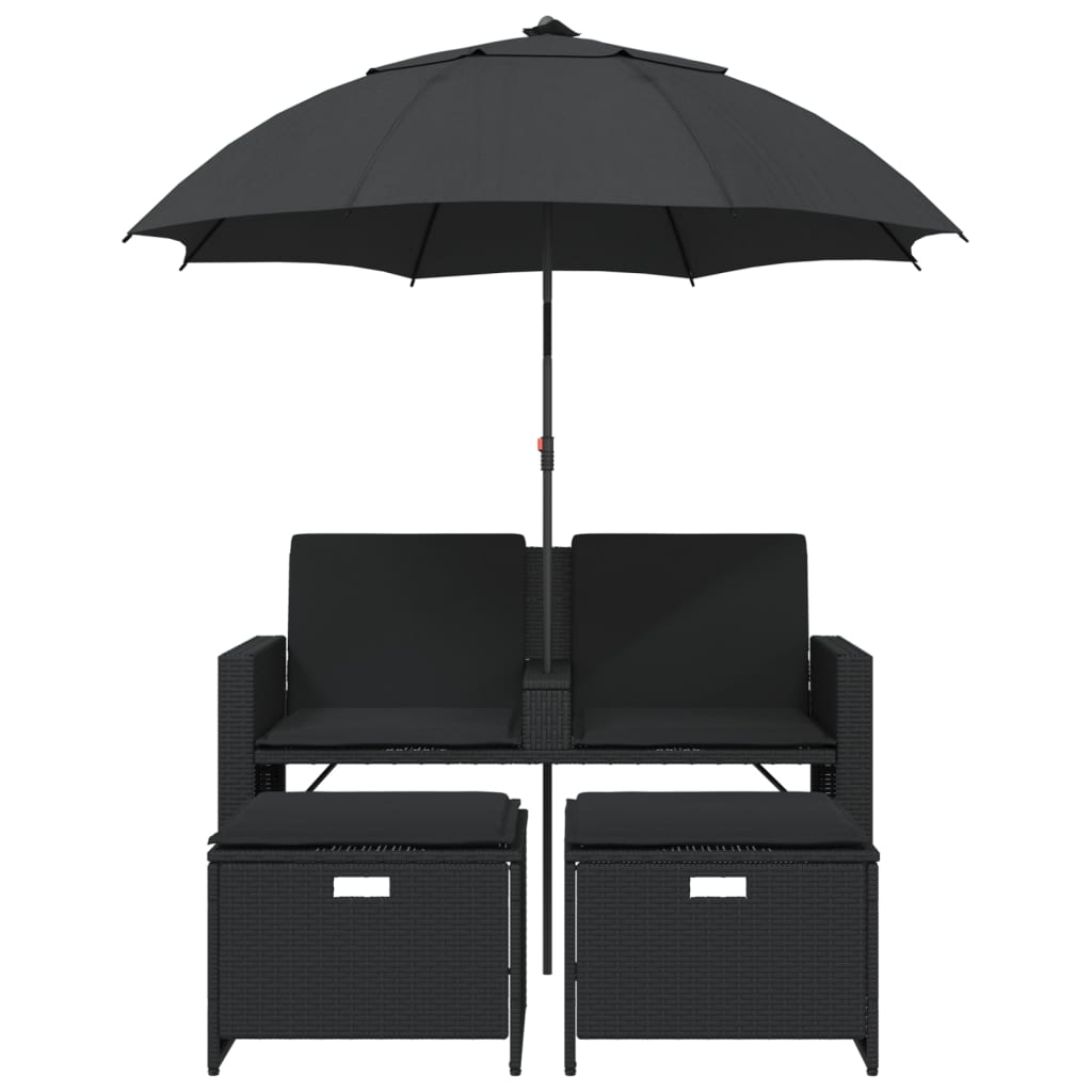 vidaXL Canapé de jardin 2 places, parasol et pouf noir en résine tressée