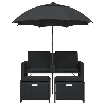vidaXL Canapé de jardin 2 places, parasol et pouf noir en résine tressée