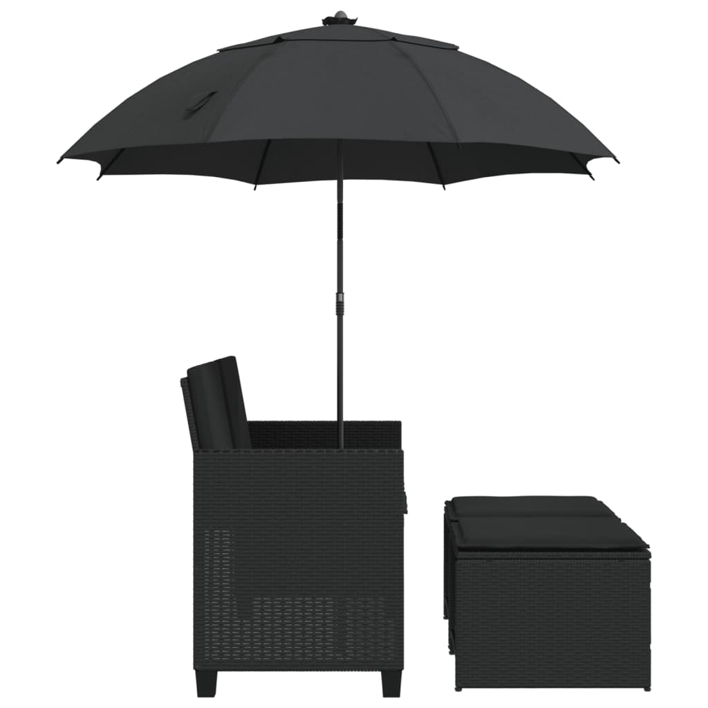 vidaXL Canapé de jardin 2 places, parasol et pouf noir en résine tressée