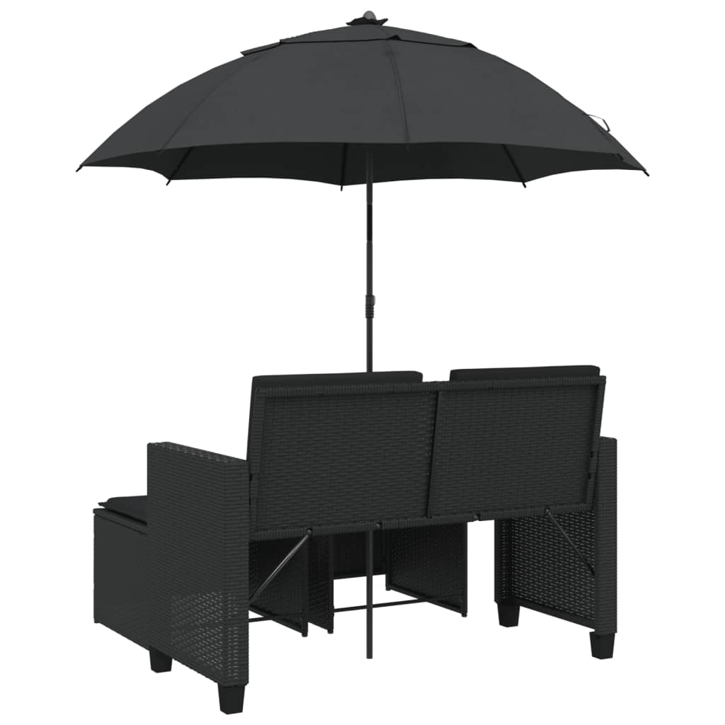 vidaXL Canapé de jardin 2 places, parasol et pouf noir en résine tressée