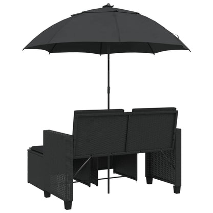 vidaXL Canapé de jardin 2 places, parasol et pouf noir en résine tressée