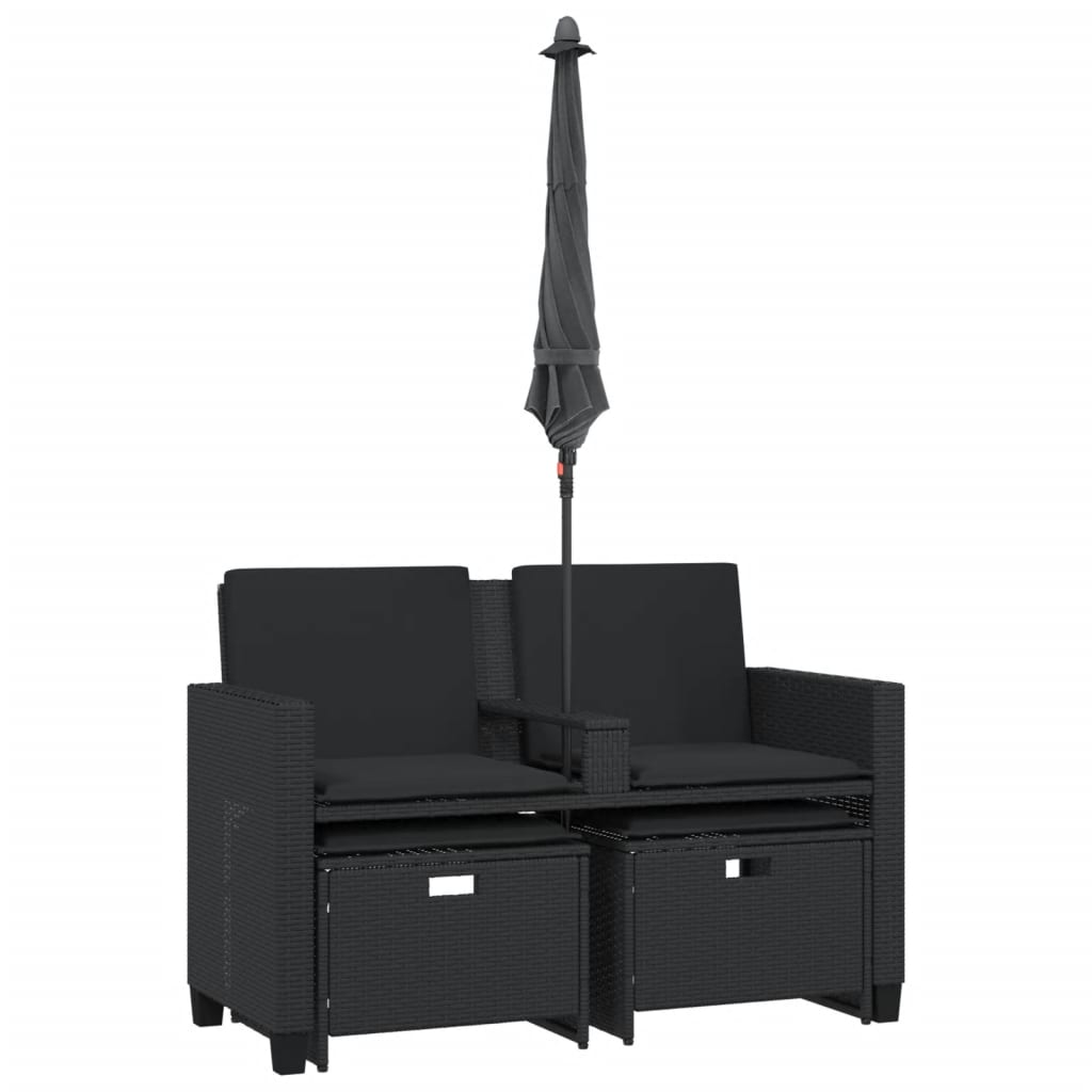vidaXL Canapé de jardin 2 places, parasol et pouf noir en résine tressée