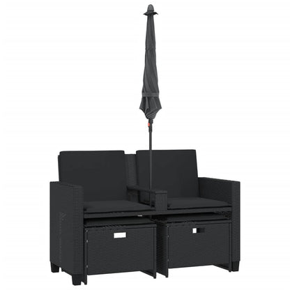 vidaXL Canapé de jardin 2 places, parasol et pouf noir en résine tressée