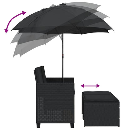 vidaXL Canapé de jardin 2 places, parasol et pouf noir en résine tressée