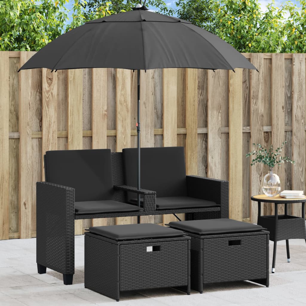 vidaXL Canapé de jardin 2 places, parasol et pouf noir en résine tressée