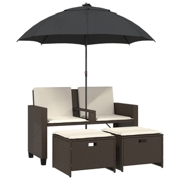 vidaXL Gartensofa 2-Sitzer Sonnenschirm und Hocker Braun Poly Rattan