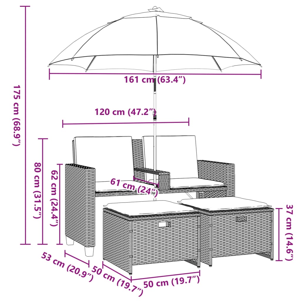 vidaXL Gartensofa 2-Sitzer Sonnenschirm und Hocker Braun Poly Rattan