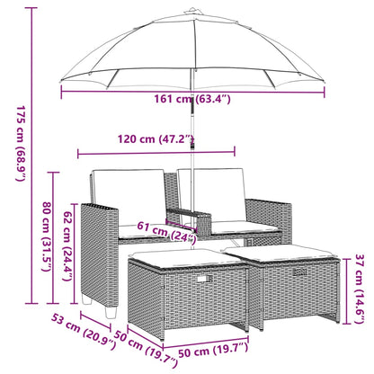 vidaXL Gartensofa 2-Sitzer Sonnenschirm und Hocker Braun Poly Rattan