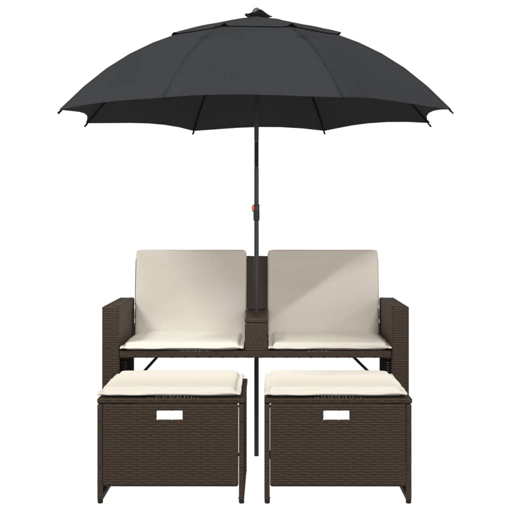 vidaXL Gartensofa 2-Sitzer Sonnenschirm und Hocker Braun Poly Rattan