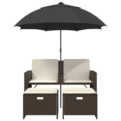 vidaXL Gartensofa 2-Sitzer Sonnenschirm und Hocker Braun Poly Rattan