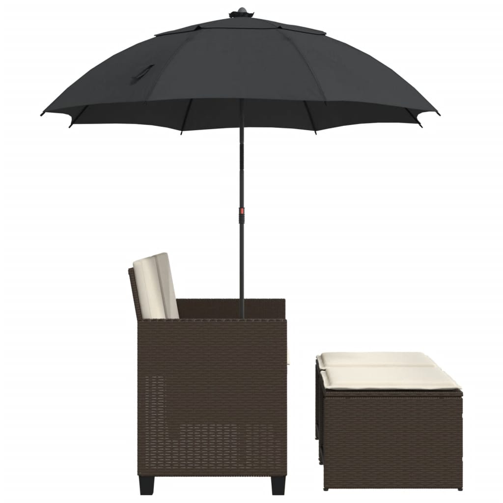vidaXL Gartensofa 2-Sitzer Sonnenschirm und Hocker Braun Poly Rattan