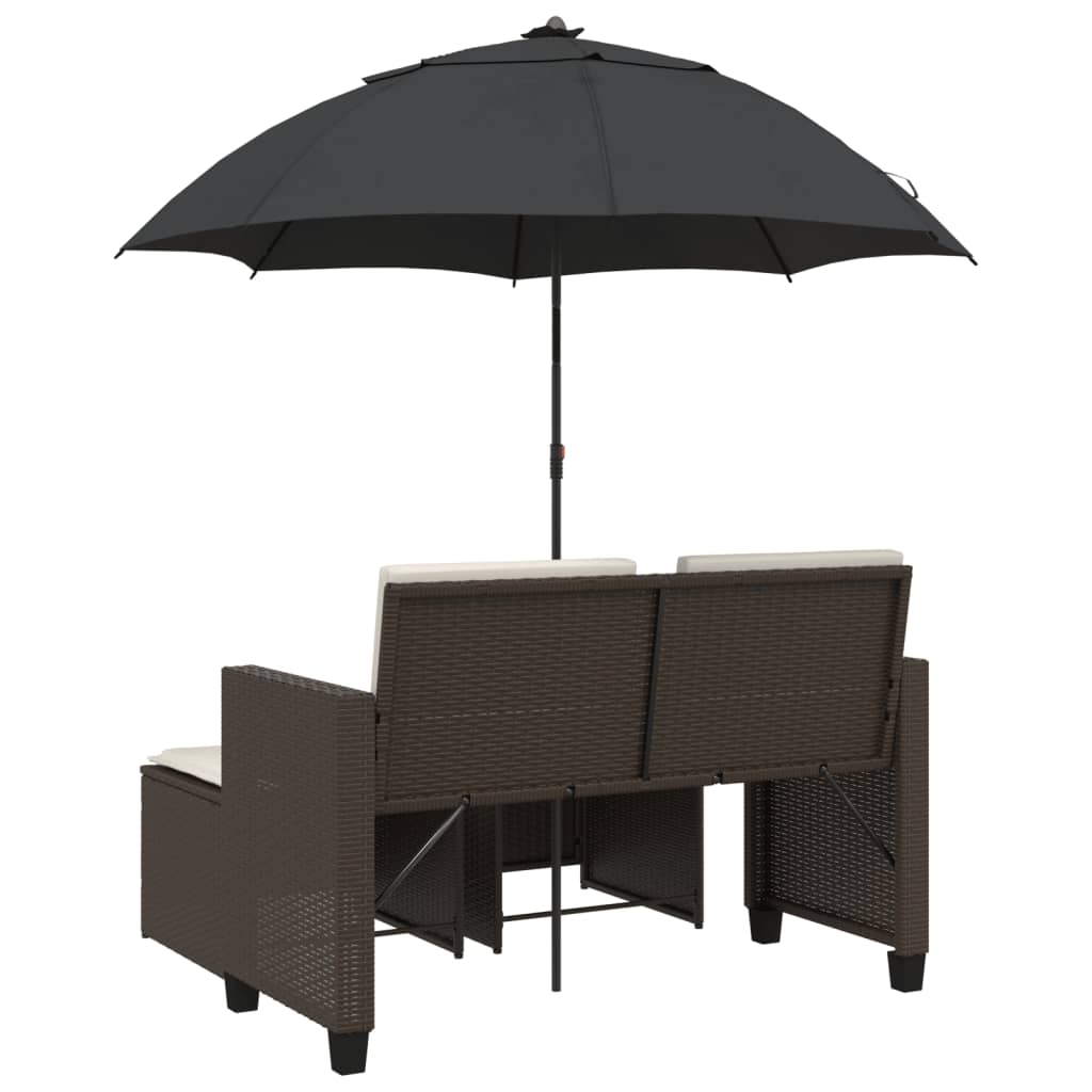 vidaXL Gartensofa 2-Sitzer Sonnenschirm und Hocker Braun Poly Rattan
