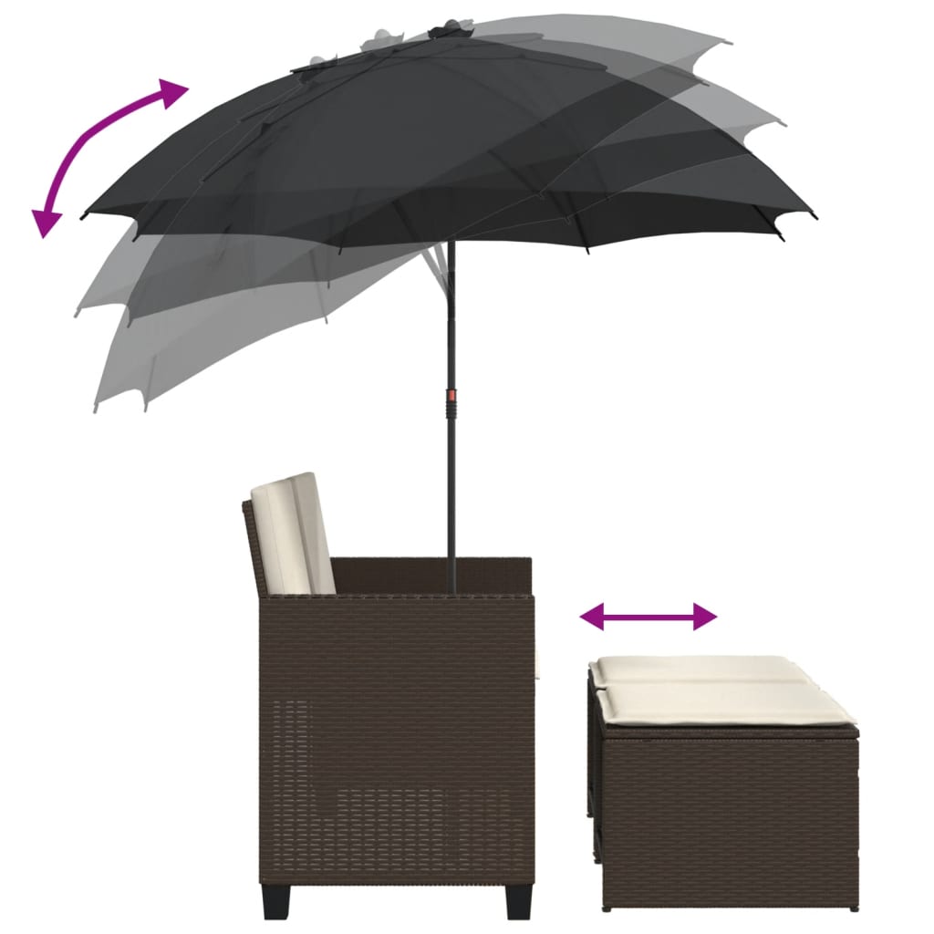 vidaXL Gartensofa 2-Sitzer Sonnenschirm und Hocker Braun Poly Rattan