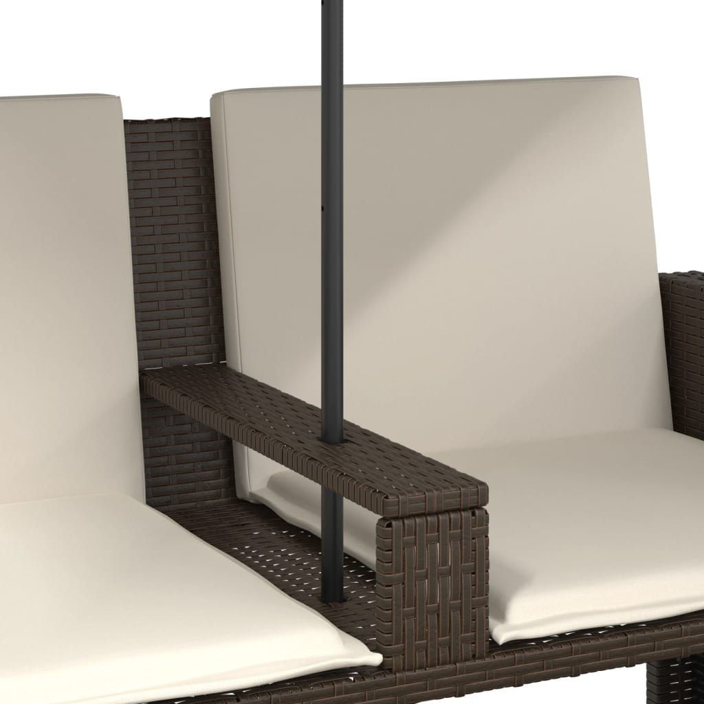 vidaXL Gartensofa 2-Sitzer Sonnenschirm und Hocker Braun Poly Rattan