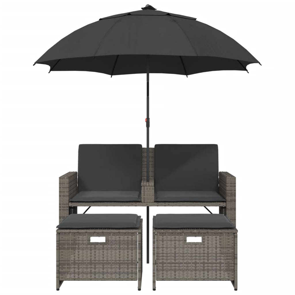 vidaXL Gartensofa 2-Sitzer Sonnenschirm und Hocker Grau Poly Rattan
