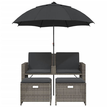 vidaXL Gartensofa 2-Sitzer Sonnenschirm und Hocker Grau Poly Rattan