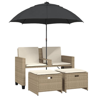 vidaXL Gartensofa 2-Sitzer Sonnenschirm und Hocker Beige Poly-Rattan