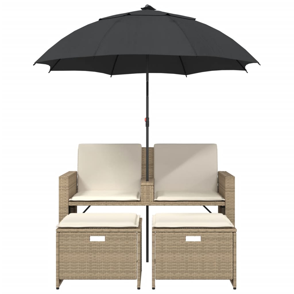 vidaXL Gartensofa 2-Sitzer Sonnenschirm und Hocker Beige Poly-Rattan