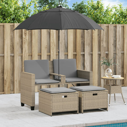 vidaXL Gartensofa 2-Sitzer Sonnenschirm und Hocker Beige Poly-Rattan