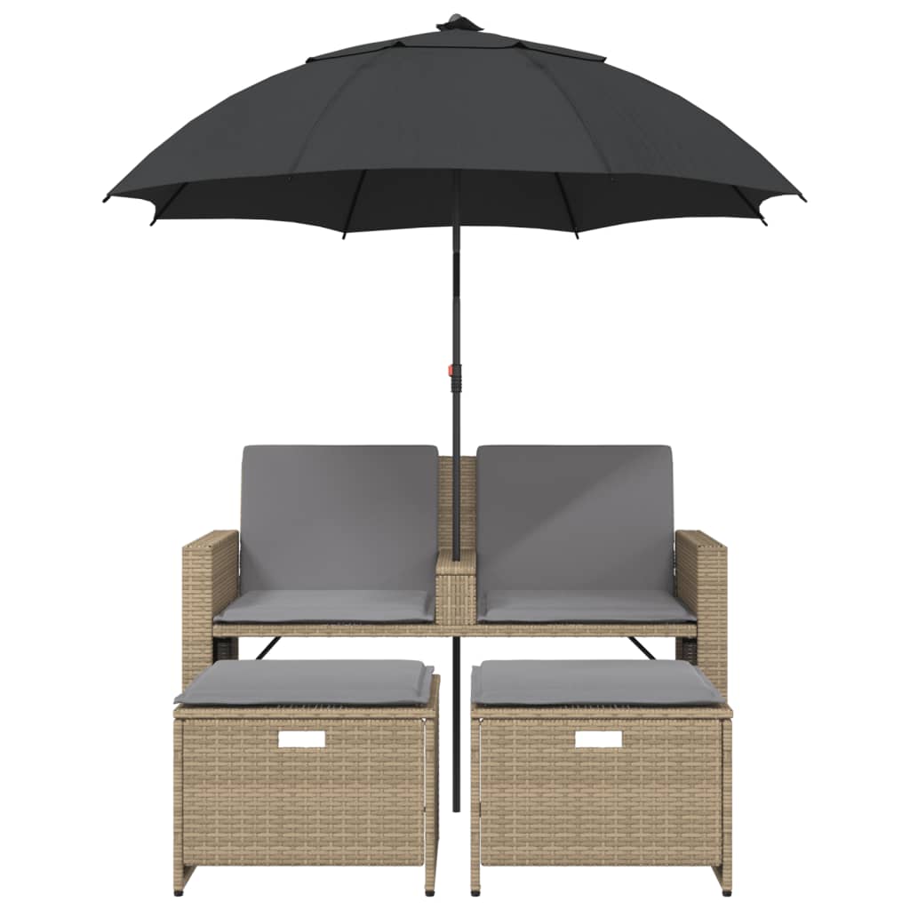 vidaXL Gartensofa 2-Sitzer Sonnenschirm und Hocker Beige Poly-Rattan