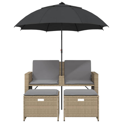 vidaXL Gartensofa 2-Sitzer Sonnenschirm und Hocker Beige Poly-Rattan