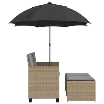 vidaXL Gartensofa 2-Sitzer Sonnenschirm und Hocker Beige Poly-Rattan