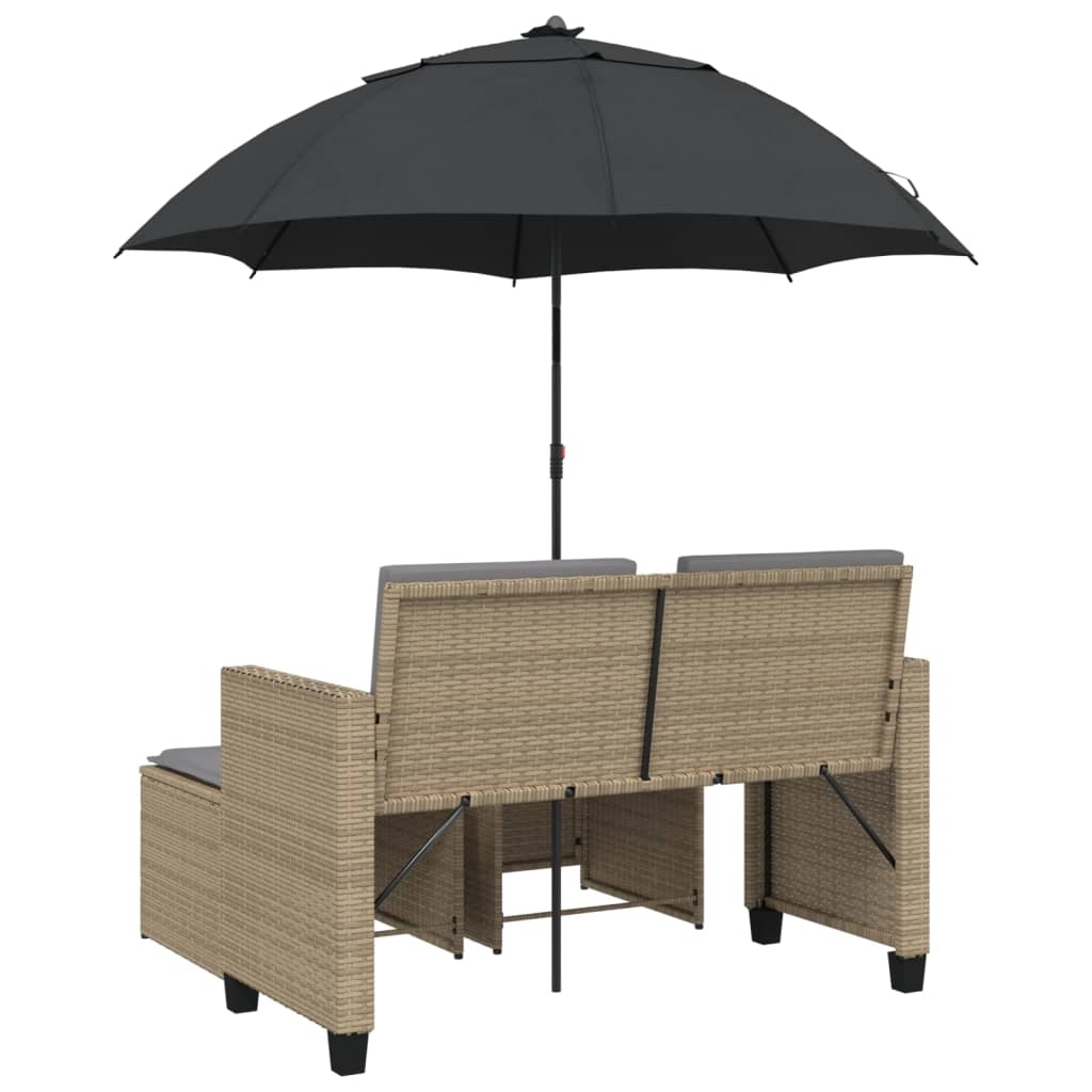 vidaXL Gartensofa 2-Sitzer Sonnenschirm und Hocker Beige Poly-Rattan