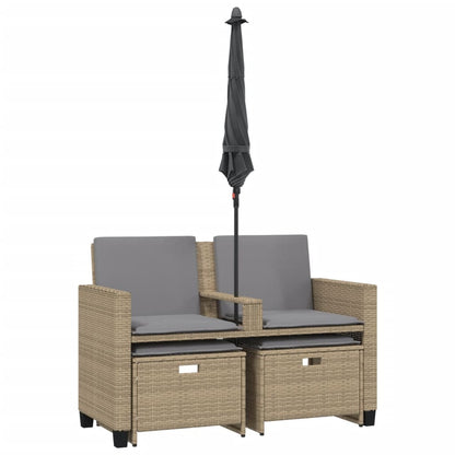 vidaXL Gartensofa 2-Sitzer Sonnenschirm und Hocker Beige Poly-Rattan
