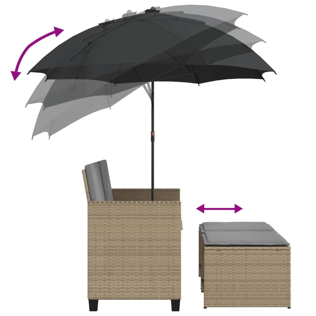 vidaXL Gartensofa 2-Sitzer Sonnenschirm und Hocker Beige Poly-Rattan