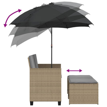 vidaXL Gartensofa 2-Sitzer Sonnenschirm und Hocker Beige Poly-Rattan